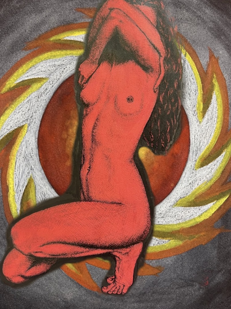 Red figure with flame motif — mixed media