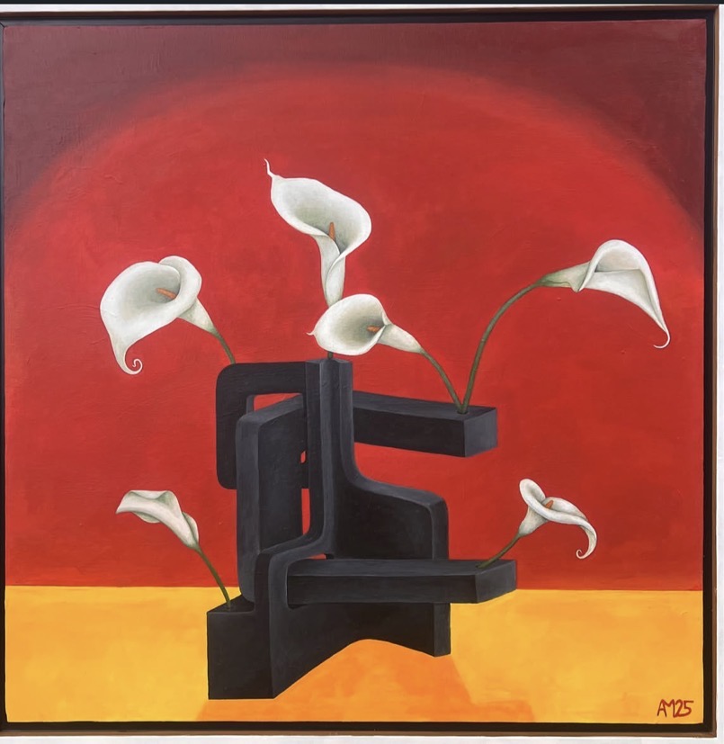 Calla lilies with abstract dark vessel — oil on canvas